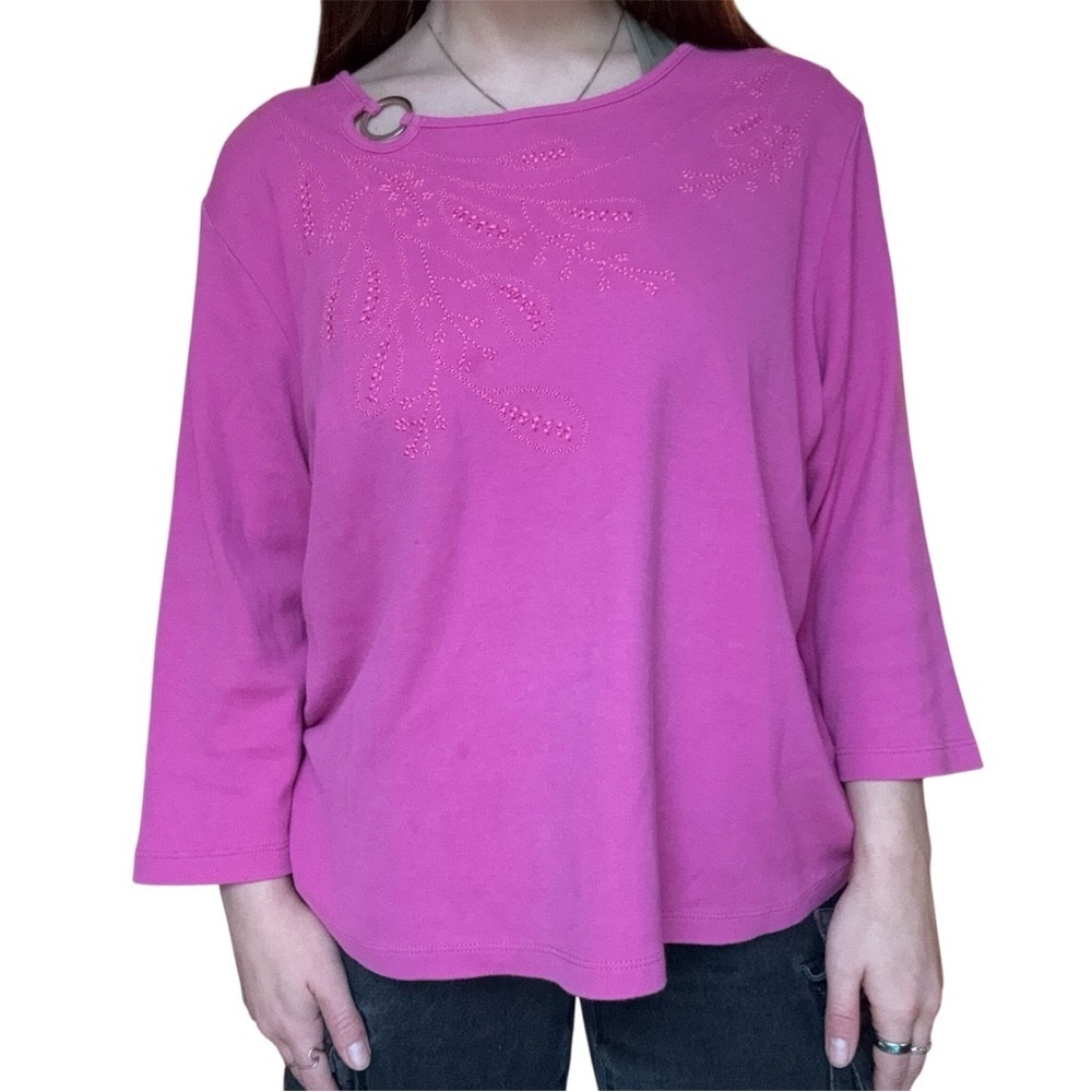 Vintage Y2K TanJay Pink Embroidered Silver Ring Top 3/4 Length Sleeve Casual